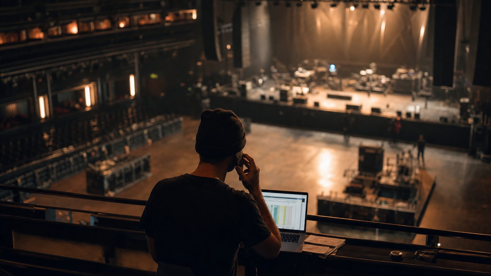 Tour manager on phone with laptop in empty venue