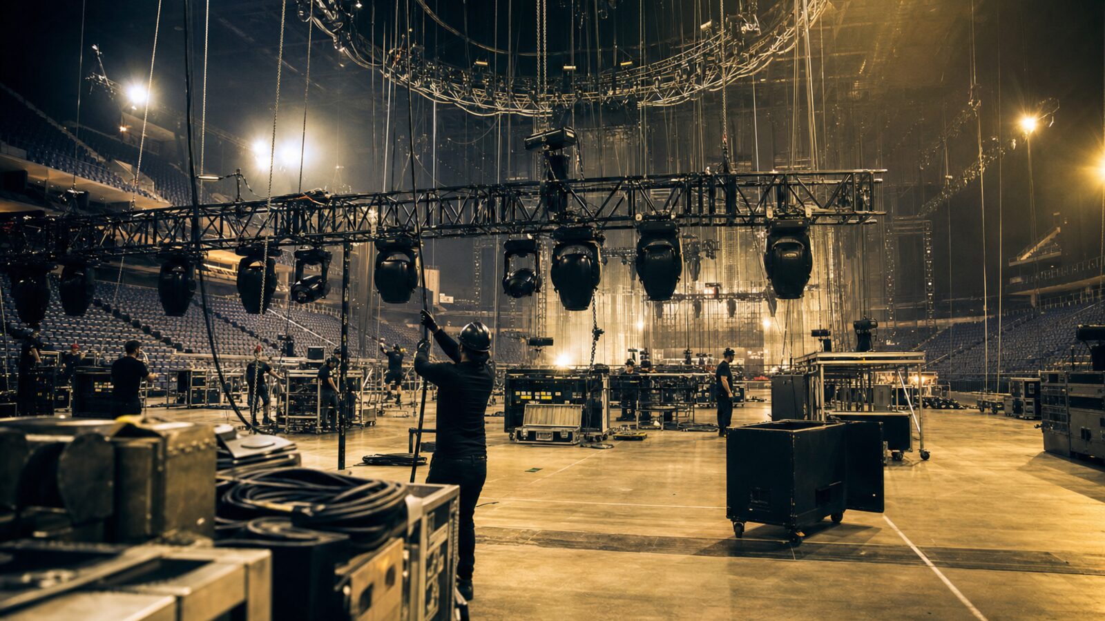 Stage crew assembling lighting rig in empty arena