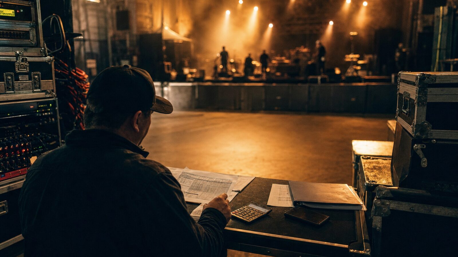 Tour manager reviewing paperwork and calculator backstage at a concert venue