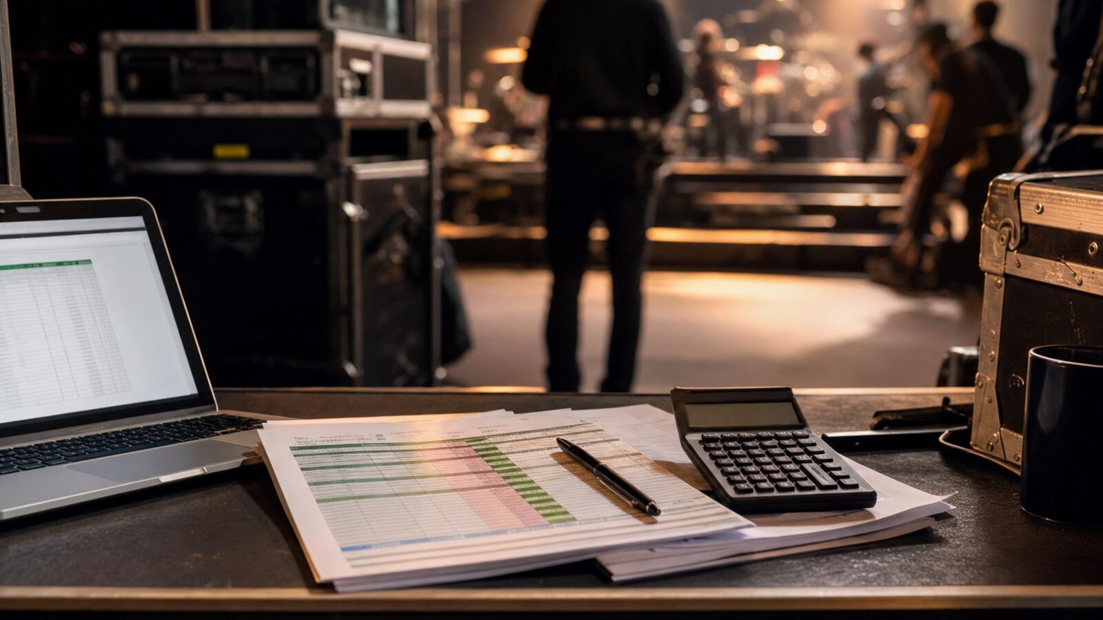 Spreadsheet and calculator on a desk backstage with road cases
