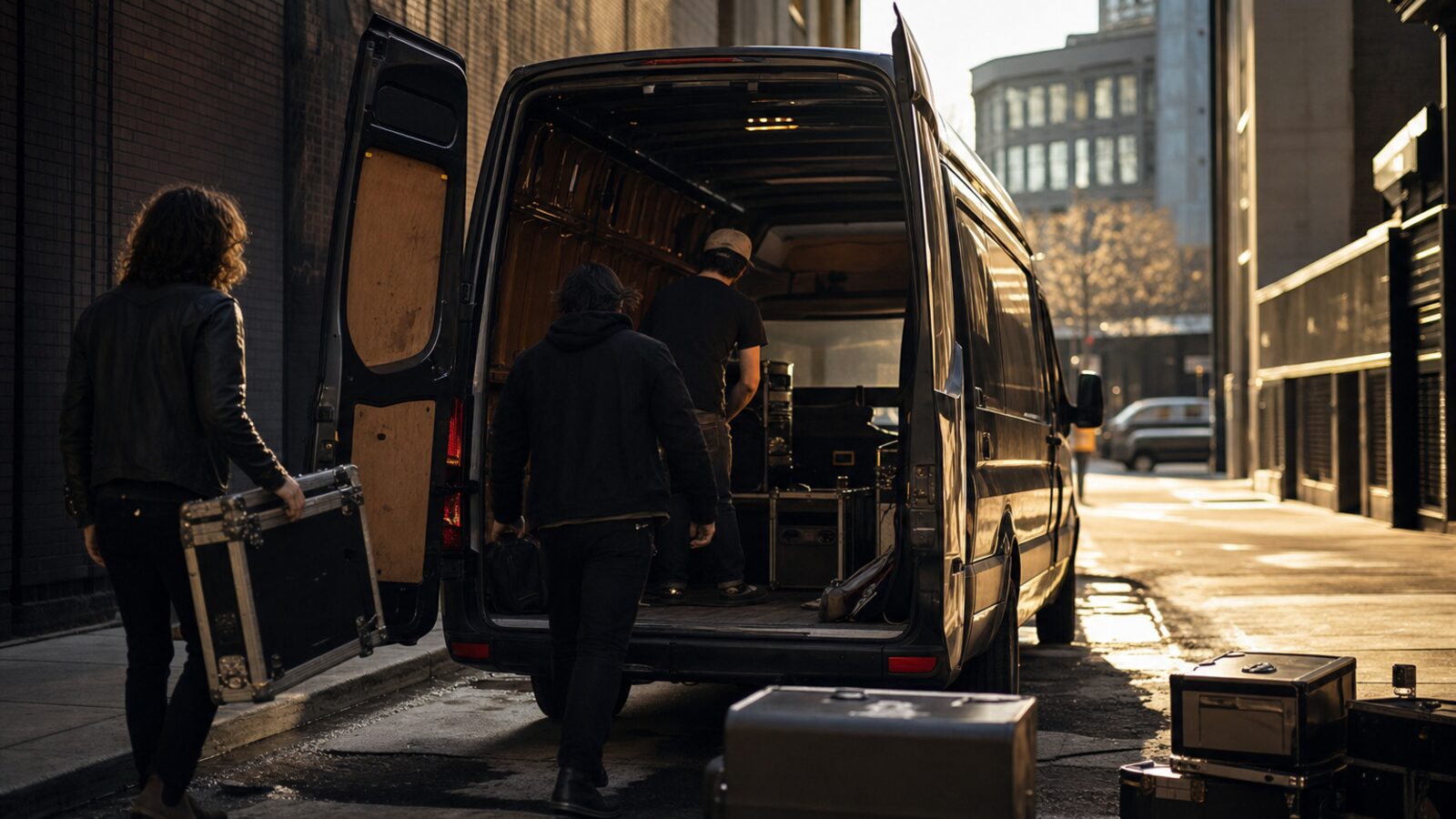 Band loading gear into tour van