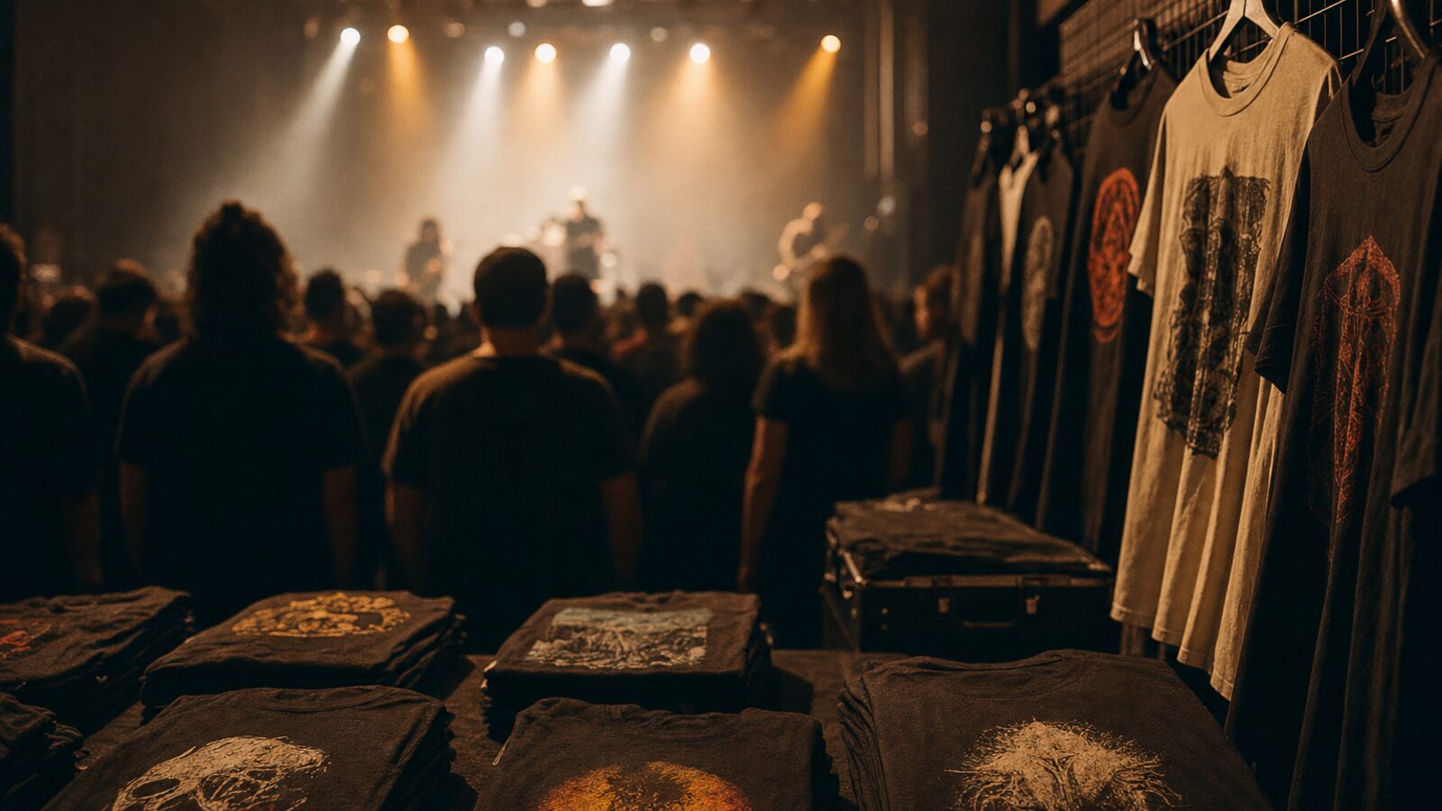 Band t-shirts on merch table at concert
