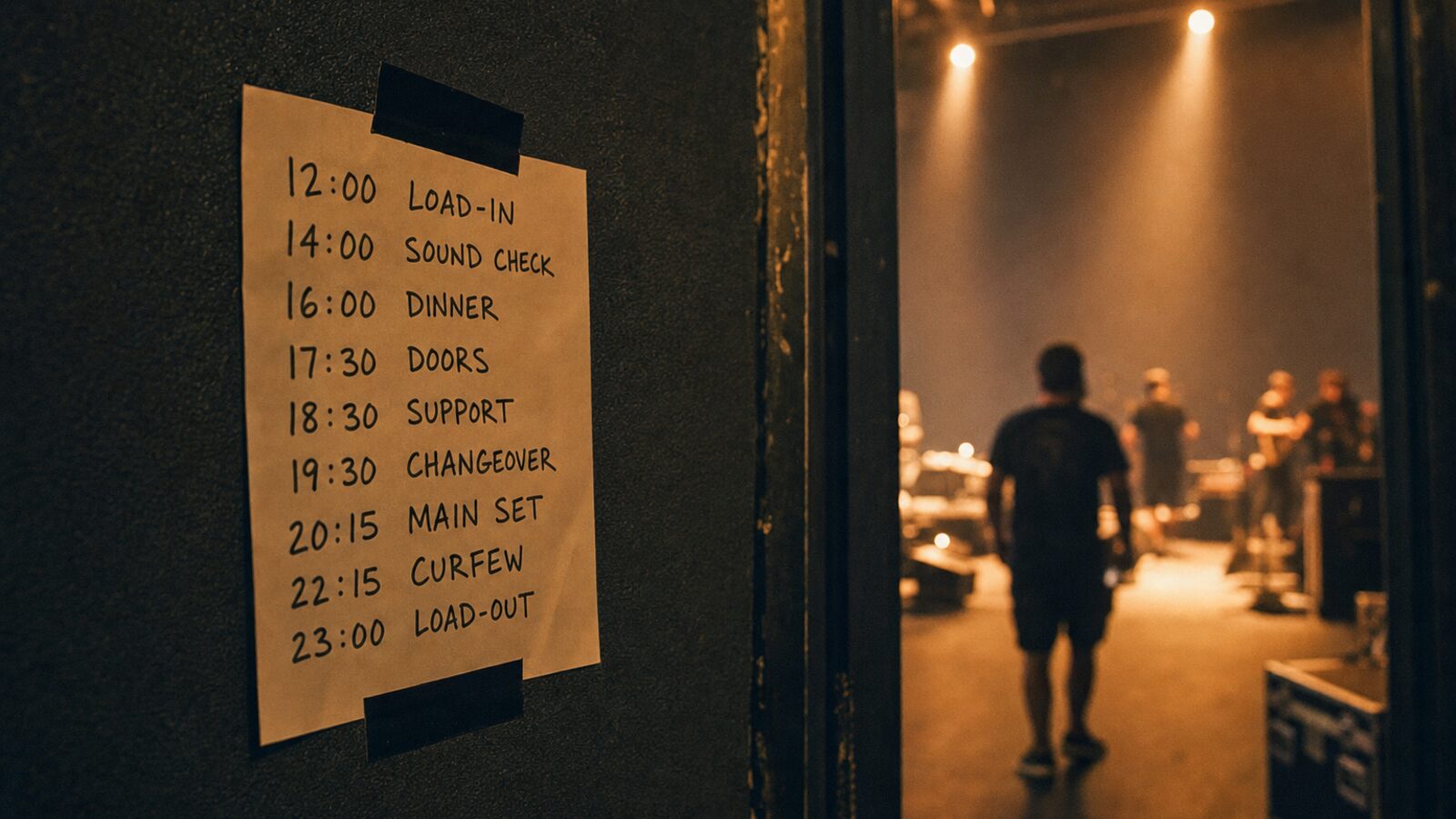 Handwritten set times schedule taped to a backstage wall