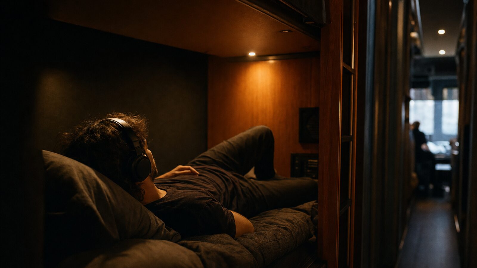 Musician resting in tour bus bunk with headphones