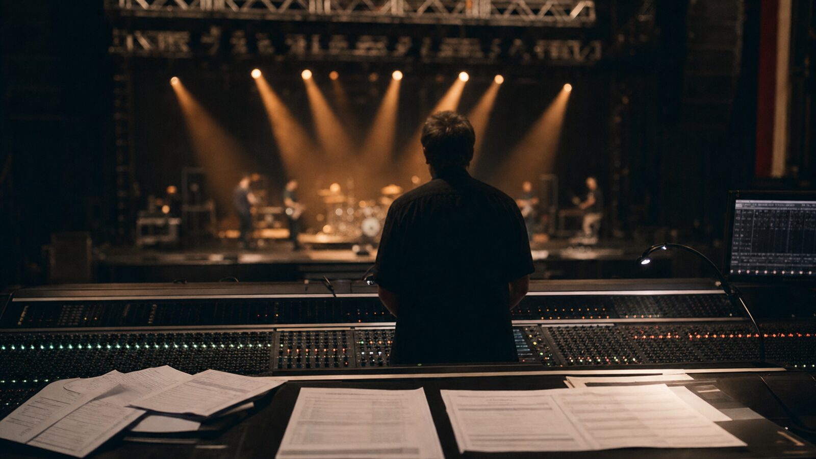 Mixing console front of house with printed paperwork during soundcheck