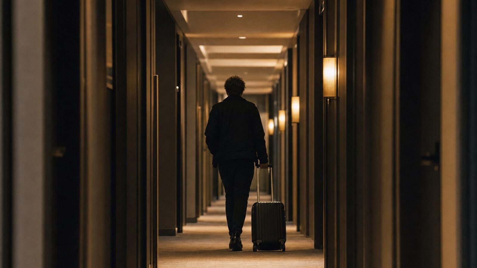 Hotel hallway with room doors at night
