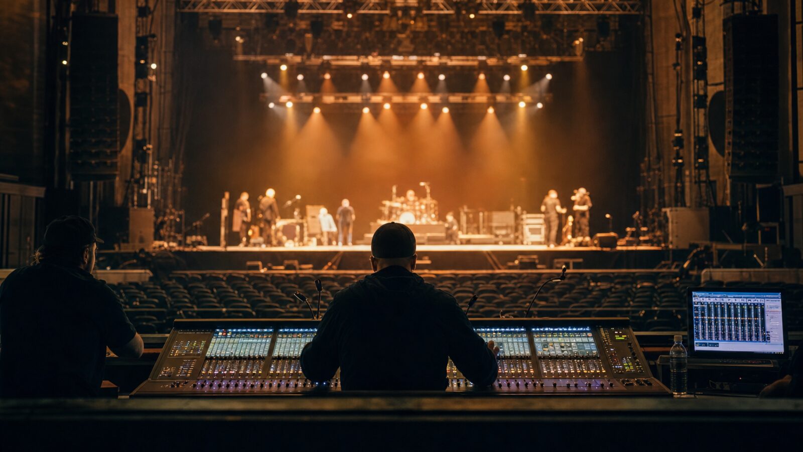 Concert crew working at front of house mixing desk during soundcheck