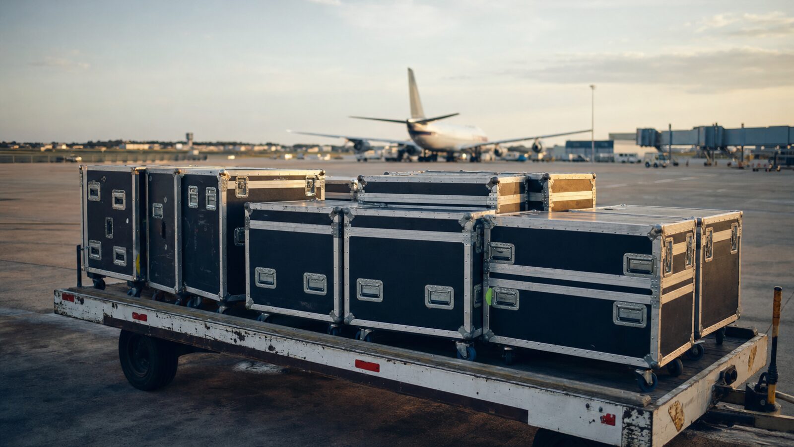 Flight cases on airport baggage cart