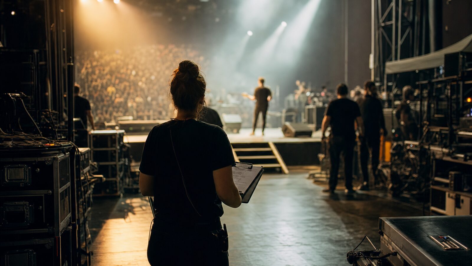 Tour manager with clipboard backstage at concert venue