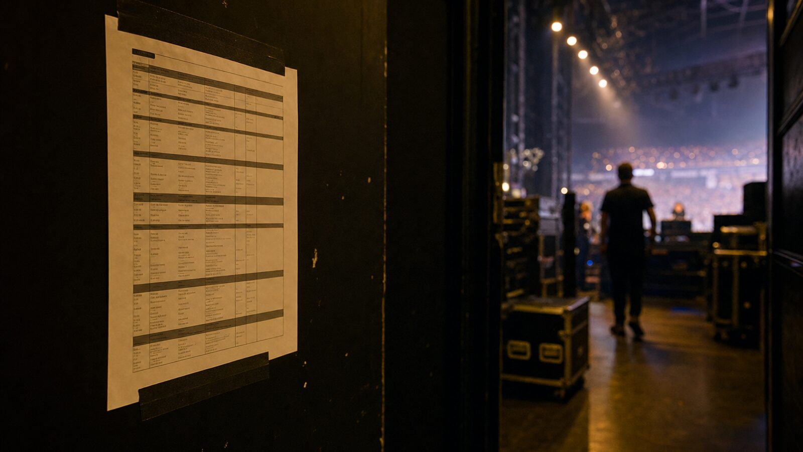 Printed schedule taped to backstage wall